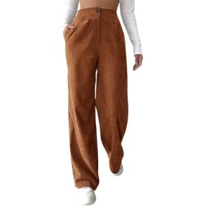 imagechouyatou Womens Casual High Waisted Wide Straight Leg Corduroy Pants TrousersOrange
