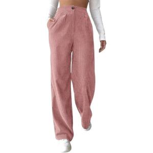 imagechouyatou Womens Casual High Waisted Wide Straight Leg Corduroy Pants TrousersPink