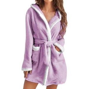imagechouyatou Womens Color Block Plush Nightdress Hooded Loose Fit Pajama Dress Ultra Soft Bathrobe NightgownPurple