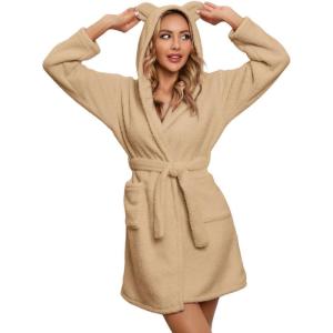 imagechouyatou Womens Cute Ear Hood Nightdress Ultra Soft Pajamas Dress Fluffy Fleece Nightgown with BeltKhaki