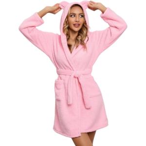 imagechouyatou Womens Cute Ear Hood Nightdress Ultra Soft Pajamas Dress Fluffy Fleece Nightgown with BeltPink