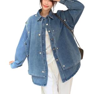 imagechouyatou Womens Denim Shacket Layered Button Down Jean Shirt Trucker Jacket Fall Outfits with PocketsBlue