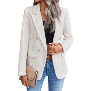 imagechouyatou Womens Elegant Plaid Tweed Jacket Button Down Notch Collar Office Work Suit Dressy Blazer CoatBeige