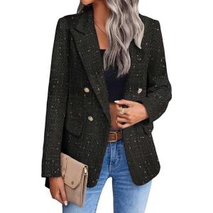 imagechouyatou Womens Elegant Plaid Tweed Jacket Button Down Notch Collar Office Work Suit Dressy Blazer CoatBlack