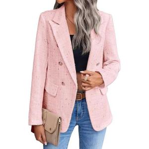 imagechouyatou Womens Elegant Plaid Tweed Jacket Button Down Notch Collar Office Work Suit Dressy Blazer CoatPink