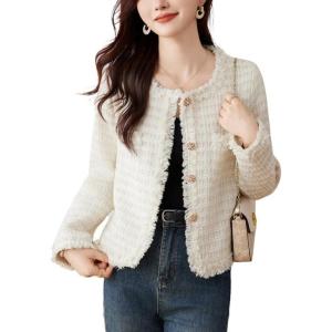 imagechouyatou Womens Fall Business Casual Tweed Blazer Button Down Dressy Fringed Tassel Jacket CoatApricot