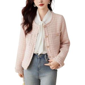 imagechouyatou Womens Fall Business Casual Tweed Blazer Button Down Dressy Fringed Tassel Jacket CoatPink