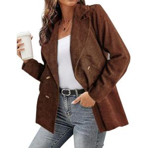 imagechouyatou Womens Fall Notch Lapel Corduroy Blazer Jacket Double Breasted Office Dressy Work SuitCoffee