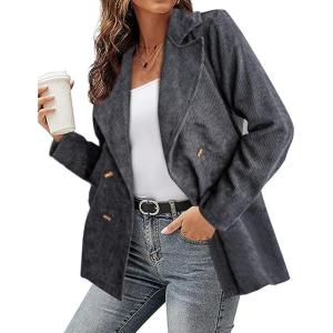 imagechouyatou Womens Fall Notch Lapel Corduroy Blazer Jacket Double Breasted Office Dressy Work SuitGrey