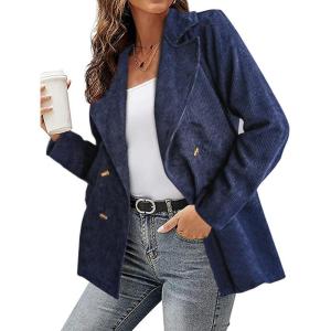 imagechouyatou Womens Fall Notch Lapel Corduroy Blazer Jacket Double Breasted Office Dressy Work SuitNavy Blue