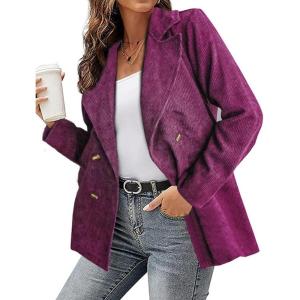 imagechouyatou Womens Fall Notch Lapel Corduroy Blazer Jacket Double Breasted Office Dressy Work SuitPurple