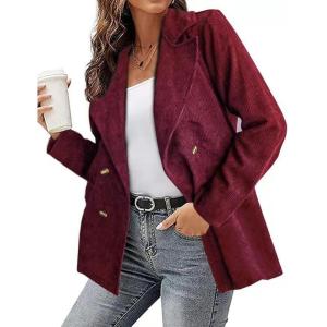 imagechouyatou Womens Fall Notch Lapel Corduroy Blazer Jacket Double Breasted Office Dressy Work SuitWine Red