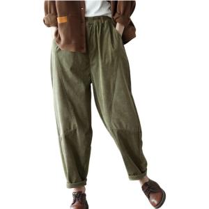 imagechouyatou Womens Fall Winter Loose Corduroy Pants Elastic High Waisted Straight Leg Trouser with PocketsArmy Green