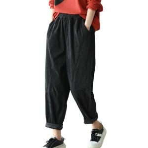 imagechouyatou Womens Fall Winter Loose Corduroy Pants Elastic High Waisted Straight Leg Trouser with PocketsBlack