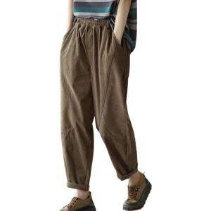 imagechouyatou Womens Fall Winter Loose Corduroy Pants Elastic High Waisted Straight Leg Trouser with PocketsBrown