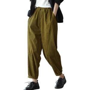 imagechouyatou Womens Fall Winter Loose Corduroy Pants Elastic High Waisted Straight Leg Trouser with PocketsGinger
