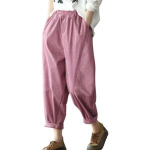 imagechouyatou Womens Fall Winter Loose Corduroy Pants Elastic High Waisted Straight Leg Trouser with PocketsPink