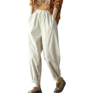 imagechouyatou Womens Fall Winter Loose Corduroy Pants Elastic High Waisted Straight Leg Trouser with PocketsWhite