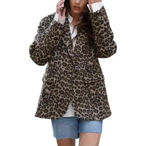 imagechouyatou Womens Fashion Leopard Print Blazer Jacket Wool Blend Business Casual Blazer Work Suit CoatBrown Leopard