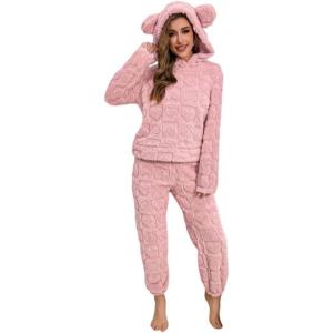 imagechouyatou Womens Fuzzy Fleece 2 Piece Lounge Pajama Sets Ultra Soft Cute Ear Hood Pullover Tops Harem Pants OutfitsLight Pink
