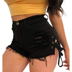 imagechouyatou Womens High Waist Perfect ButtLifting Destroyed Hole Fringed Denim Short Drawstring SlitBlack