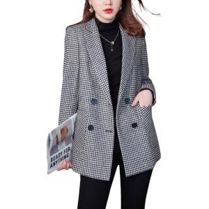 imagechouyatou Womens Notch Lapel Double Breasetd Houndstooth Blazer Jacket Business Casual Plaid Blazer SuitBlack