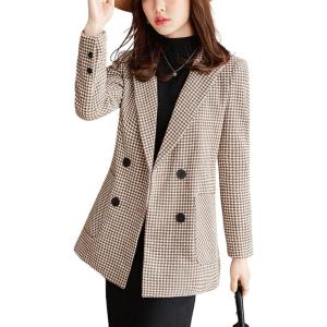 imagechouyatou Womens Notch Lapel Double Breasetd Houndstooth Blazer Jacket Business Casual Plaid Blazer SuitBrown