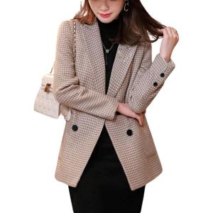 imagechouyatou Womens Notch Lapel Double Breasetd Houndstooth Blazer Jacket Business Casual Plaid Blazer SuitKhaki