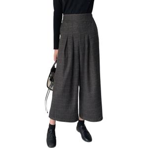 imagechouyatou Womens Plaid Wool Blend Culottes Capri Plaid Pants Elastic High Waist Wide Leg Palazzo TrouserDark Grey Plaid