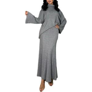 imagechouyatou Womens Slouchy Knitwear Sets Turtleneck Sweater Maxi Long Skirt Two Piece Sweater Skirt OutfitsGrey