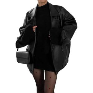 imagechouyatou Womens Vintage Faux Leather Bomber Jacket Double Breasted Oversized Coat Motorcycle JacketBlack