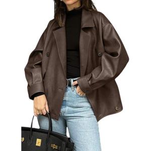 imagechouyatou Womens Vintage Faux Leather Bomber Jacket Double Breasted Oversized Coat Motorcycle JacketBrown