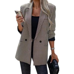 imagechouyatou Womens Vintage Houndstooth Business Office Blazer Notch Lapel Dressy Suit Work JacketGreen