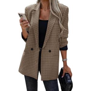 imagechouyatou Womens Vintage Houndstooth Business Office Blazer Notch Lapel Dressy Suit Work JacketKhaki