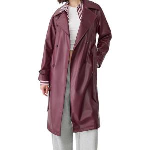 imagechouyatou Womens Winter Casual Pu Faux Leather Trench Coat Double Breasted Long overcoat with BeltWine Red