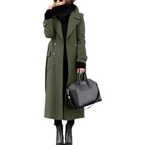 imagechouyatou Womens Winter Double Breasted Wool Coat Business Casual Long Winter Pea Coat with BeltArmy Green
