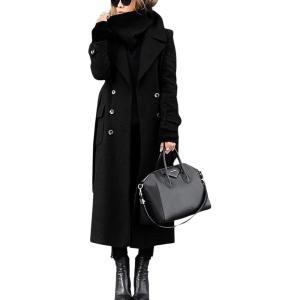 imagechouyatou Womens Winter Double Breasted Wool Coat Business Casual Long Winter Pea Coat with BeltBlack