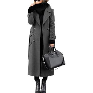 imagechouyatou Womens Winter Double Breasted Wool Coat Business Casual Long Winter Pea Coat with BeltGrey
