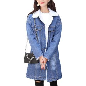 imagechouyatou Womens Winter Faux Fur Collar Sherpa Lined Long Denim Coat Trucker JacketBlue