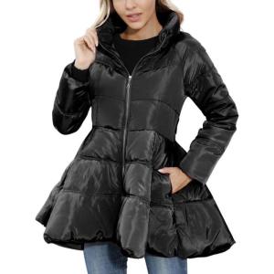 imagechouyatou Womens Winter Swing Hem Quilted Puffer Jacket Stand Collar Zip Up Puffy Down Coat OuterwearBlack