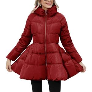 imagechouyatou Womens Winter Swing Hem Quilted Puffer Jacket Stand Collar Zip Up Puffy Down Coat OuterwearWine Red