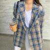 imagechouyatou Womens Business Casual Plaid Blazer Jacket Notched Collar Open Front Dressy Suit Loose Pea CoatBlue