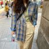 imagechouyatou Womens Business Casual Plaid Blazer Jacket Notched Collar Open Front Dressy Suit Loose Pea CoatBlue