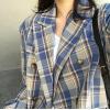 imagechouyatou Womens Business Casual Plaid Blazer Jacket Notched Collar Open Front Dressy Suit Loose Pea CoatBlue