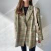 imagechouyatou Womens Business Casual Plaid Blazer Jacket Notched Collar Open Front Dressy Suit Loose Pea CoatGreen