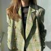 imagechouyatou Womens Business Casual Plaid Blazer Jacket Notched Collar Open Front Dressy Suit Loose Pea CoatGreen