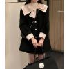 imagechouyatou Womens Cute Bow Lapel Collar Wool Coat Single Breasted Wool Blend Pea Coat with PocketsBlack and White