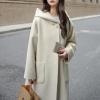imagechouyatou Womens Cute Winter Wool Blend Trench Coat Mid Long Open front Hooded Coat Horn Button OvercoatBeige