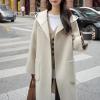 imagechouyatou Womens Cute Winter Wool Blend Trench Coat Mid Long Open front Hooded Coat Horn Button OvercoatBeige