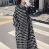 imagechouyatou Womens Elegant Houndstooth Wool Blend Overcoat Lapel Vintage Mid Long Trench Coat with pocketBlack